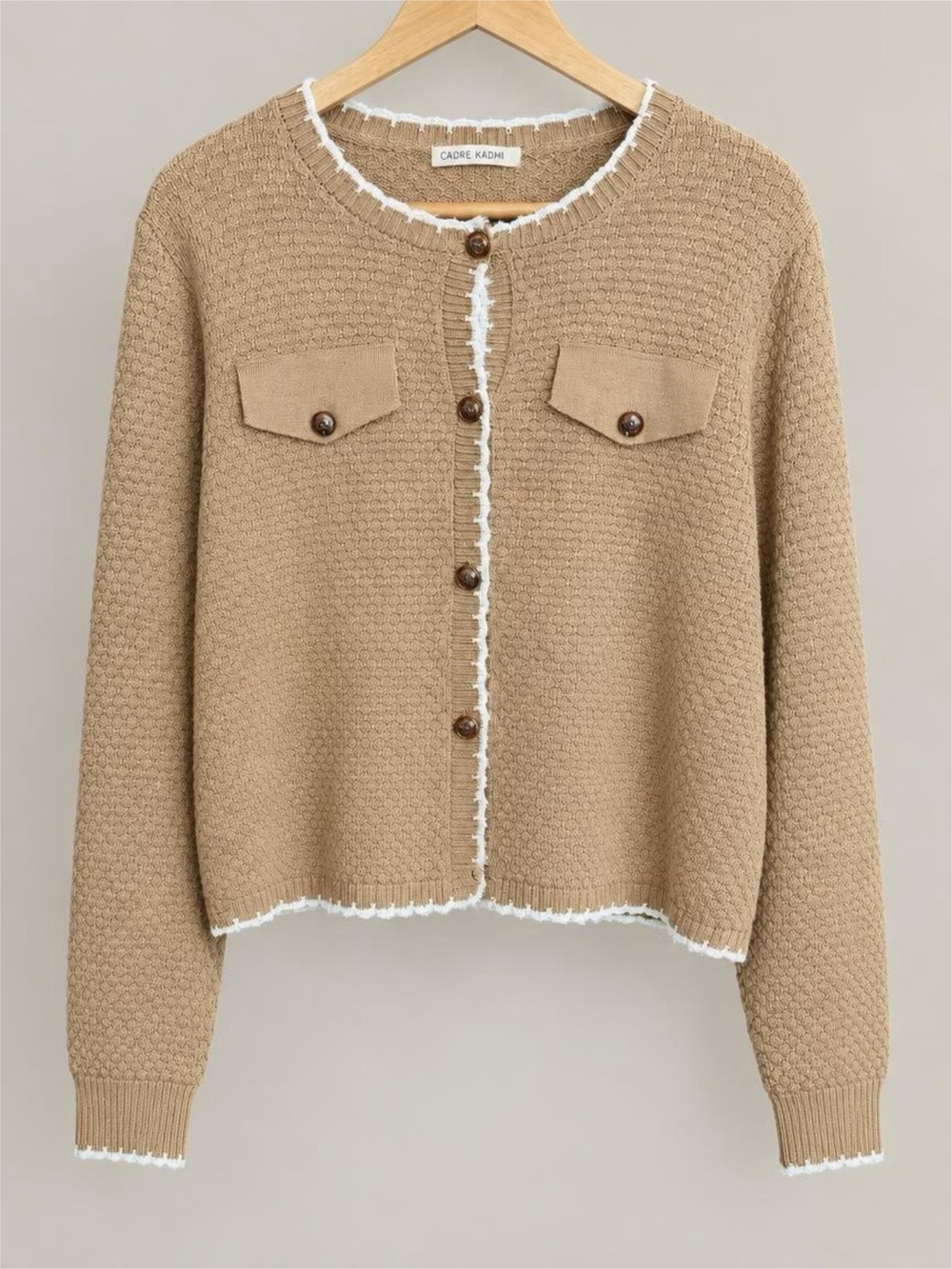 NWT - Grace Karin Beige Cardigan Sweater with White Trim - XL